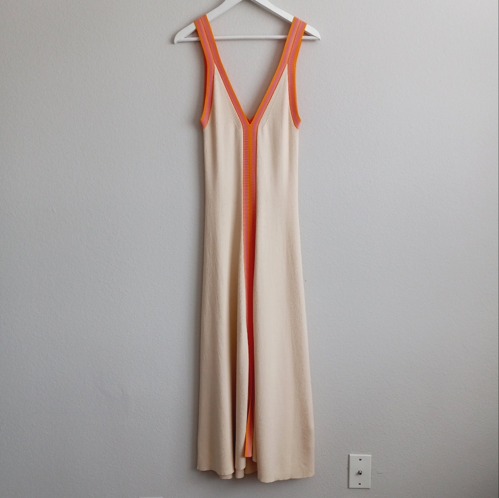 Sandro Piana V Neck Ribbed Midi Dress Ecru Orange Boarder Stripe 42 - Picture 5 of 16